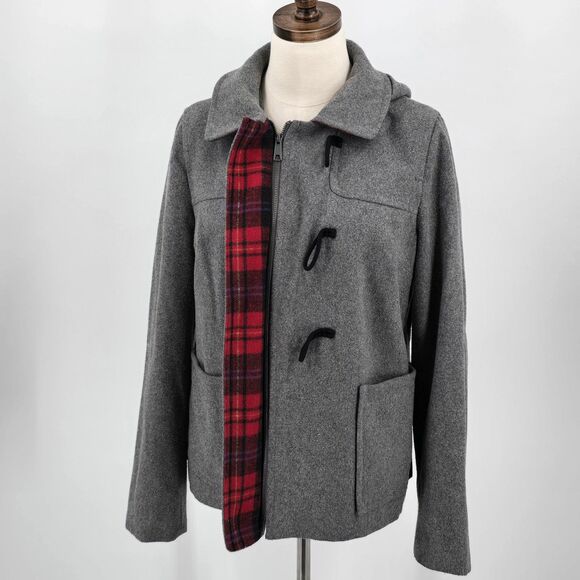 Old Navy Pea Coat Women's M Gray Red Toggles Hood - Picture 5 of 10
